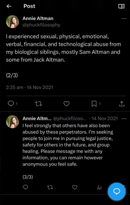 MarioNawfal's tweet photo. 🚨🚨 OPEN A.I (CHAT GPT) FIRES CEO SAM ALTMAN | Sister Allegations of Sexual Abuse

Open AI's CEO and co-founder was ousted for allegedly lying to his board: 

“The board no longer has confidence in his ability to continue leading OpenAI."

But this is not the full story...

Just over a month ago, his sister came forward with allegations of him sexually abusing her when she was as young as 4 years old (see below)

The media has been silent about this.

Could this be the reason for Sam's sudden ouster?

Statement by the Board:

“Mr. Altman’s departure follows a deliberative review process by the board, which concluded that he was not consistently candid in his communications with the board, hindering its ability to exercise its responsibilities."