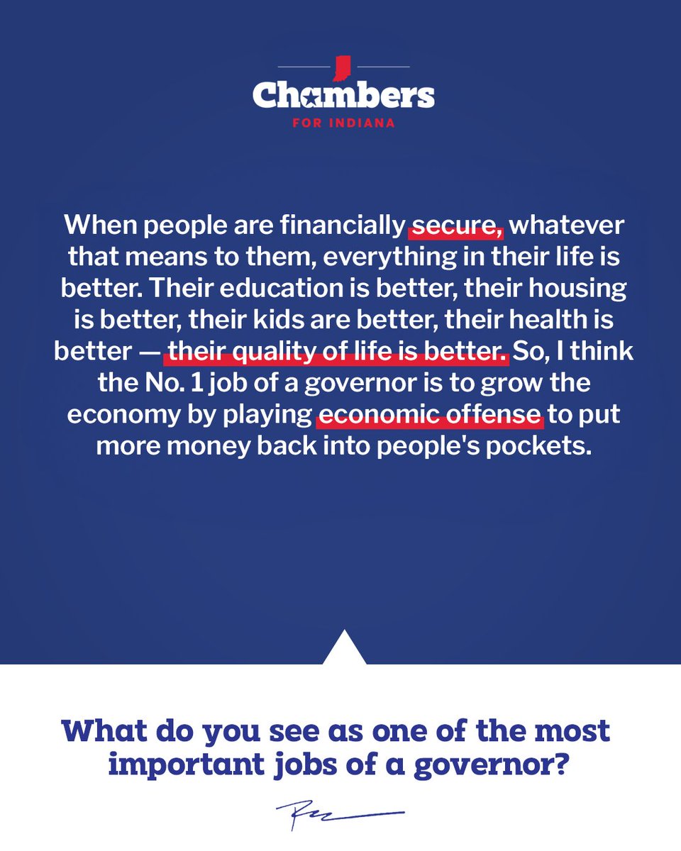ChambersForIN's tweet image. I believe the No. 1 job of a governor is to grow the economy.

#AskBrad #TeamBrad #Indiana