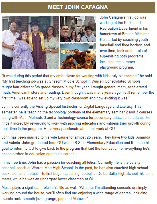 JohnCafagna's tweet photo. I am honored to be featured in this fun little piece from the Oakland University School of Education and Human Services Newsletter https://t.co/0ZjMA4GI9p