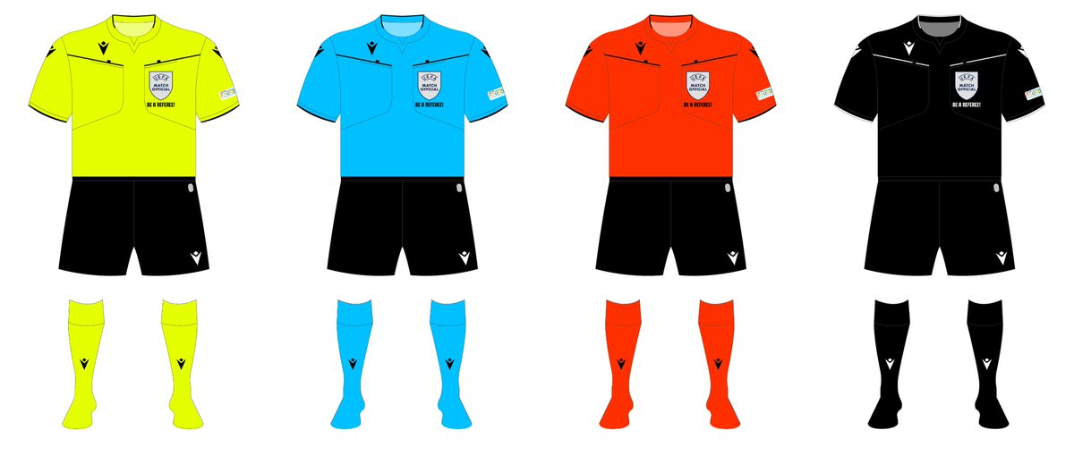 refkithistory's tweet image. #UCL referees had a special &quot;Be a Referee&quot; slogan below the UEFA badge (and across the lower back) on the @MacronSports kits in the most recent round of Champions League matches