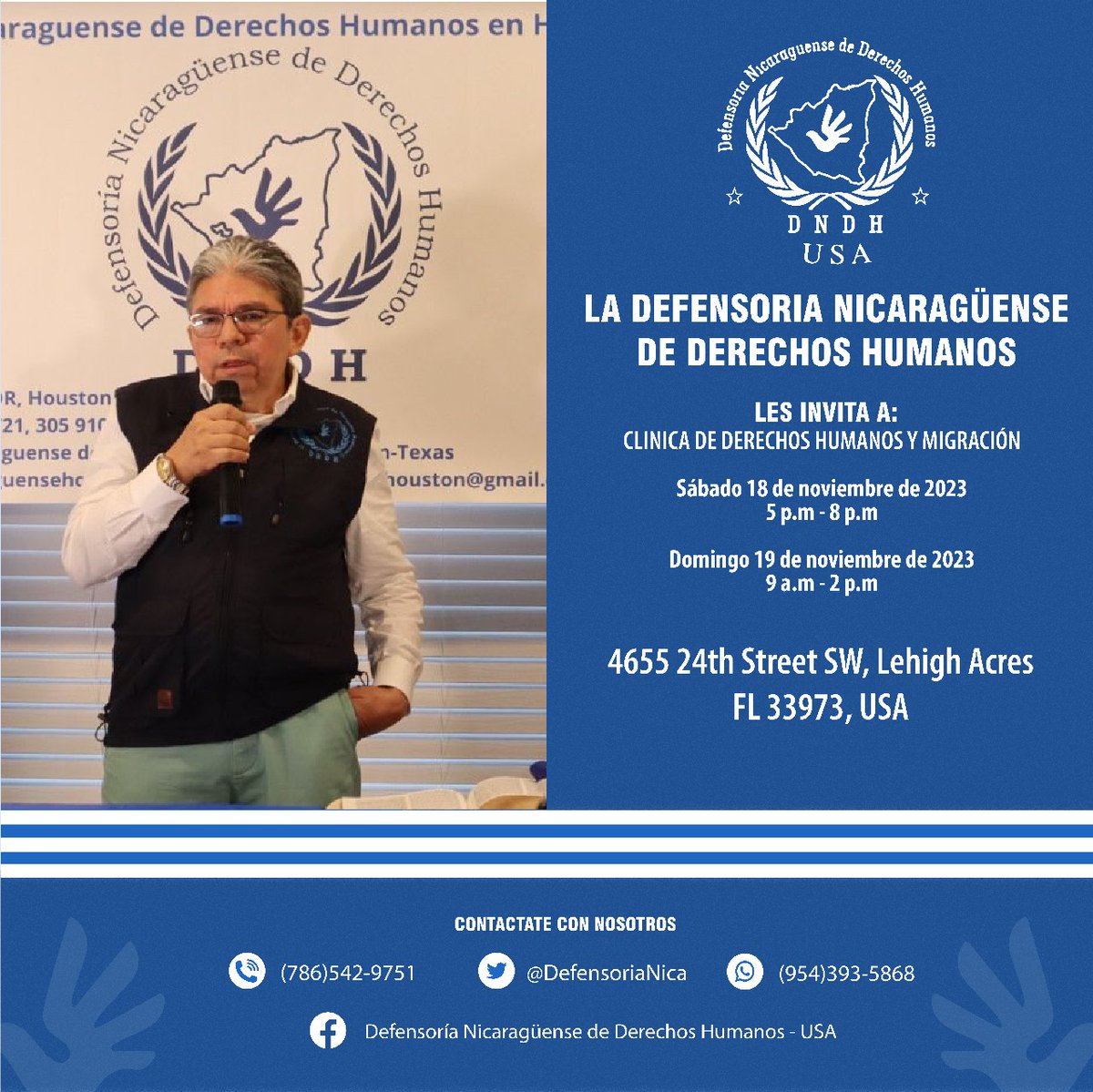 🚨 Tendremos CLÍNICA DE DERECHOS HUMANOS Y MIGRACIÓN este Sábado y Domingo en Fort Myers 
📣 SÁBADO 17 de Noviembre
 HORA: de 5:00 p.m. / 8:00 p.m.
📣Domingo 18 de noviembre
HORA: de 9:00 a.m. /2:00 p.m.
🚨 DIRECCIÓN: 4655 24th Street SW Lehigh Acres Fl. 33973. USA
#asilopolitico
