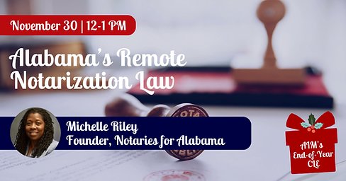 attysinsurance's tweet photo. Michele Riley kicks off the holiday season with our first of nine CLE webinars: “Alabama Remote Notarization Law." Register below and visit us here: https://t.co/jBqyjd2L9n for all your holiday CLE presents.🦃⏳
#AIMPeaceofMind https://t.co/WtZwO0mLq8