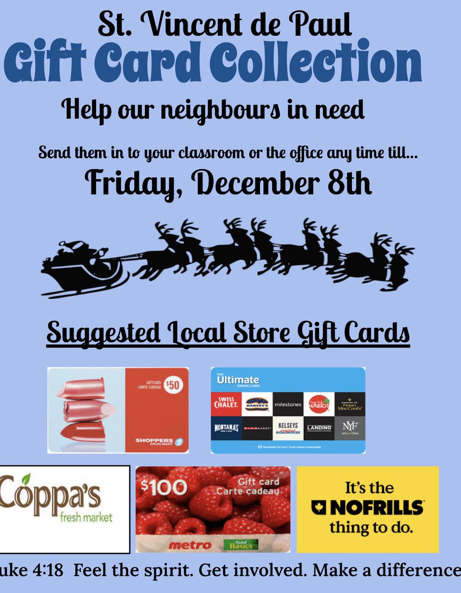 OLH_ycdsb's tweet photo. St. Vincent de Paul Gift Card Collection Drive is underway! Please send in gift cards for our neighbours in need. See flyer below. Feel the Spirit. Get involved. Make a difference. 🎄♥️🎄@YCDSB #luke418 🕊️ https://t.co/jJowHdmSVs