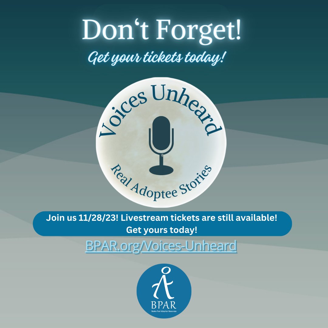 While in-person tickets sold out fast, there are still livestream tickets available to this amazing event!  You don't want to miss it!

Visit bpar.org/voices-unheard/ for details and to buy tickets.  

#voicesunheard #bpar #adoption #adopteevoices #talktherapy #mentalhealthmatters