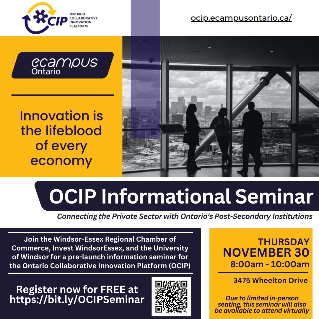 WERCofC's tweet photo. Join @WERCofC, @_investwe, and @Uwindsor for a pre-launch seminar for the Ontario Collaborative Innovation Platform on November 30 and learn more about how OCIP serves to connect industry and the private sector.

Register now at https://t.co/vtht7uiC6k

#WindsorBusiness #Seminar https://t.co/jwkw4nl8uX