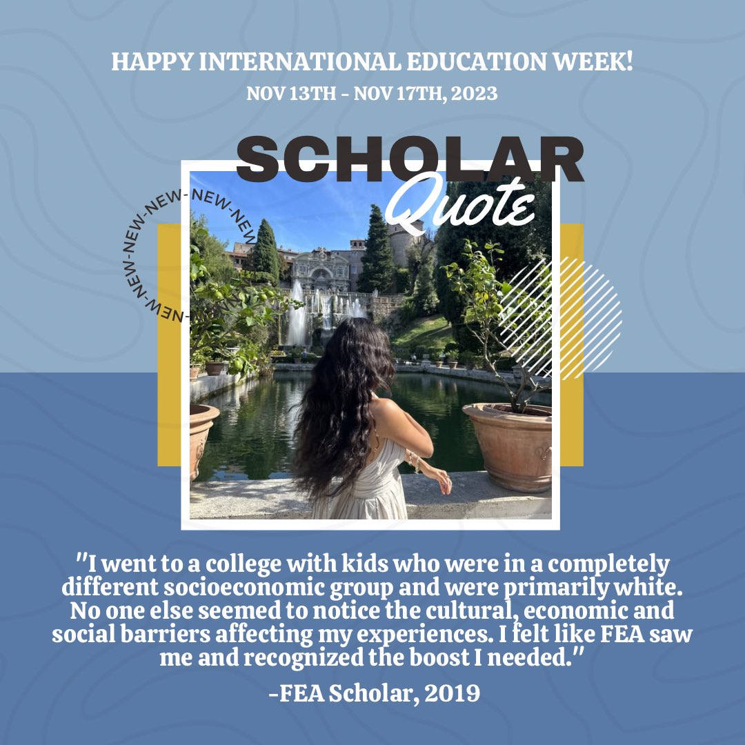 Although it’s the last day of International Education Week, we will continuously celebrate &amp; support students with study abroad experiences. Here’s a scholar quote about their experience w/ FEA to end your Friday!

#FundForEducationAbroad #StudyAbroad #InternationalEducationWeek
