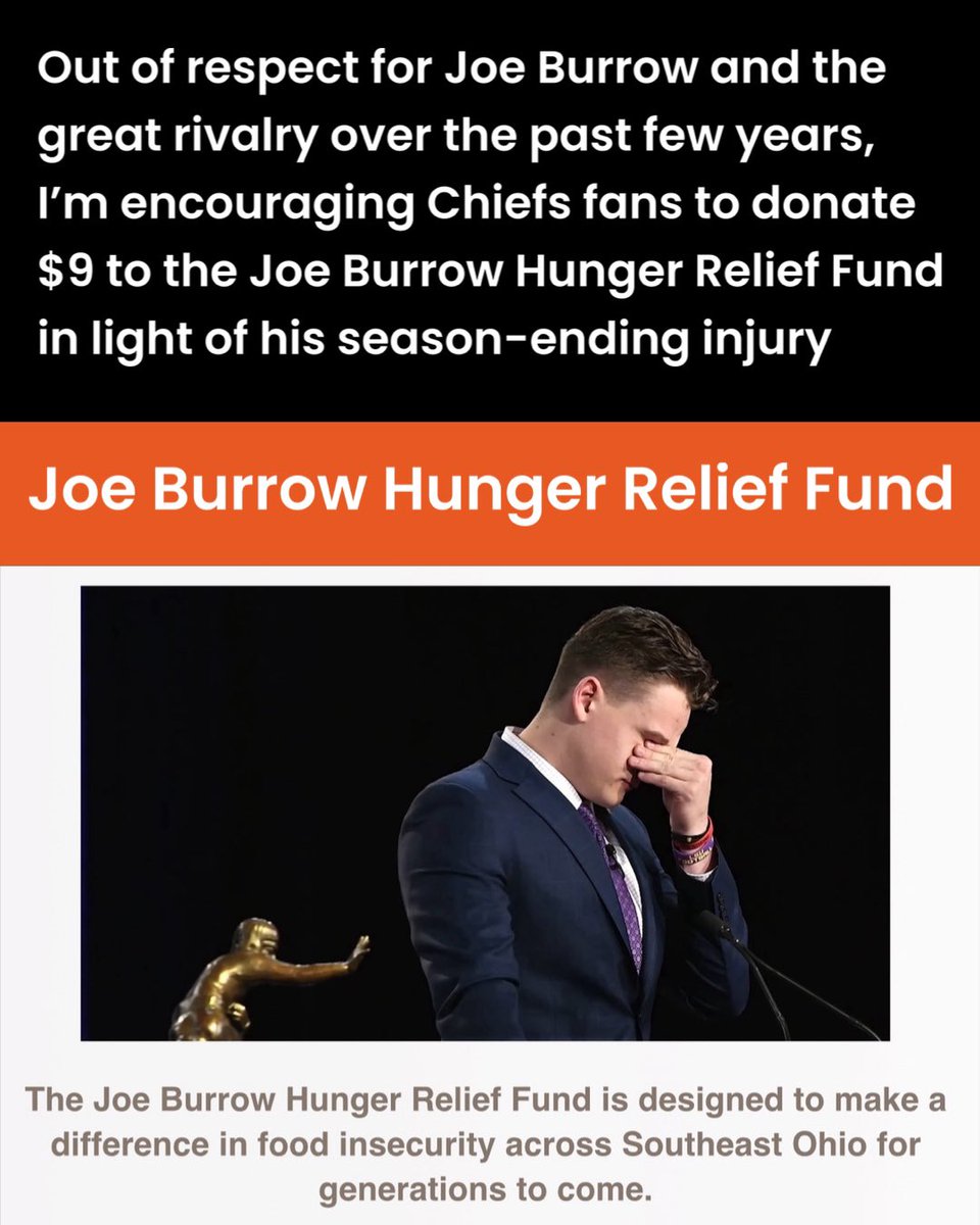 kcchiefsmmz's tweet photo. Get well soon Joe Burrow!

Donate here:  https://t.co/qmPOR6Dlop https://t.co/R1wXj0zaYD