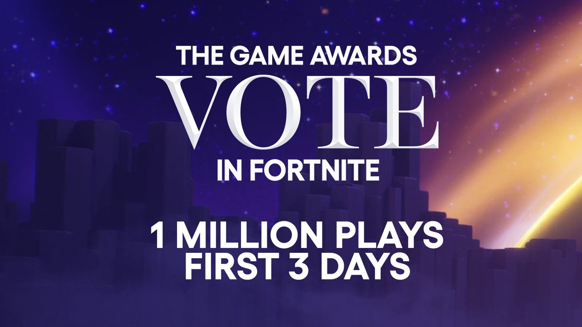 Happy to share that #TheGameAwards in <a href="/FortniteGame/">FortniteGame</a> has crossed 1 million plays, with over 875,000 unique players.

Check it out this weekend to vote and collect the trophies. 

Get ready for the show on December 7, there's more coming :) 

Visit The 🏝️: bit.ly/tgafortnite