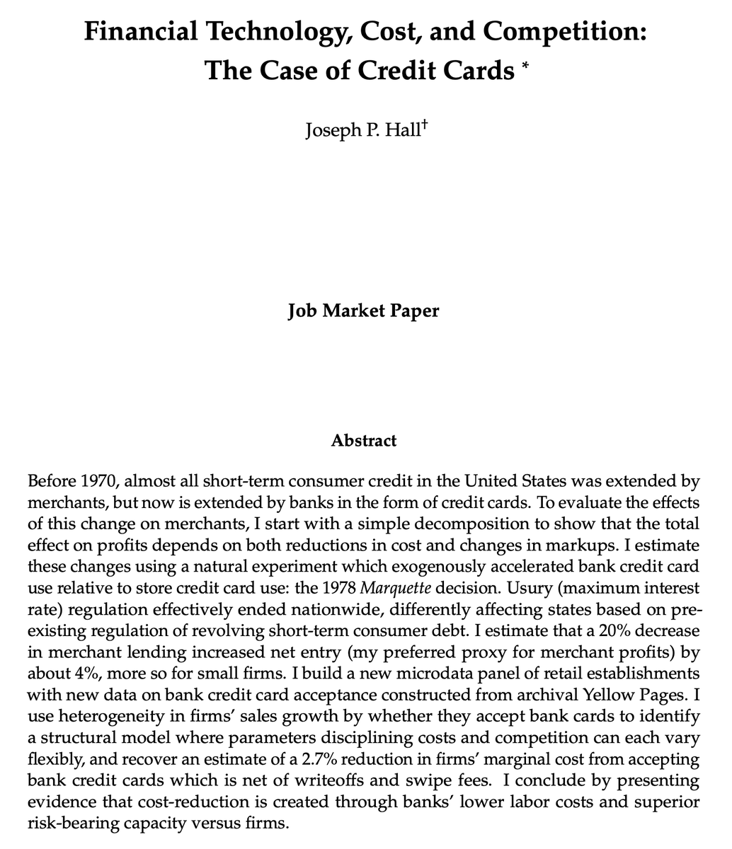 🚨JMP THREAD ALERT🚨 I study the transformation of the U.S. Consumer Credit Industry from a retailer-funded model to a bank-funded model from 1950 to today. Why might we want to fund consumer credit with banks vs. stores? Well, in short, it helps small businesses!