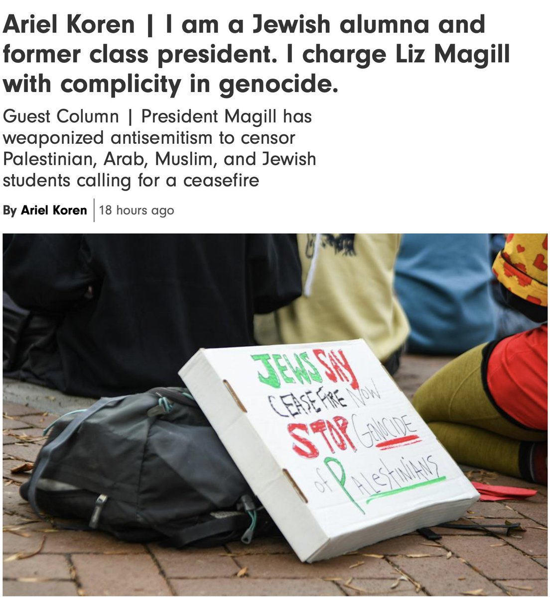 Letter to President of my alma mater <a href="/Penn/">Penn</a>, Liz Magill, urging her to stop demonizing student calls for a ceasefire. Magill has incited a surge of Islamophobic anti-Arab racism; Palestinian, Arab, and Muslim students are being stalked, harassed, &amp; defamed. thedp.com/article/2023/1…