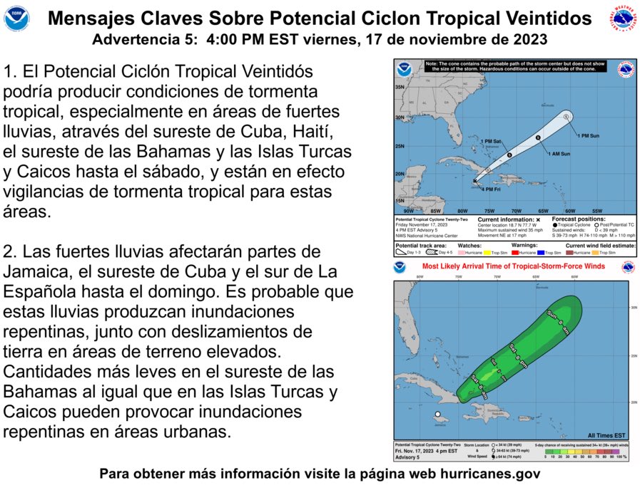 AnthonyDuarte03's tweet photo. Potential Tropical Cyclone Twenty Two is not likely to become a tropical cyclone. However, heavy rainfall, which could produce flash flooding and mudslides in higher terrain, is still expected for southeast Cuba, Jamaica, and Hispaniola through Sunday. #PTC22 https://t.co/DDVUUigPKo