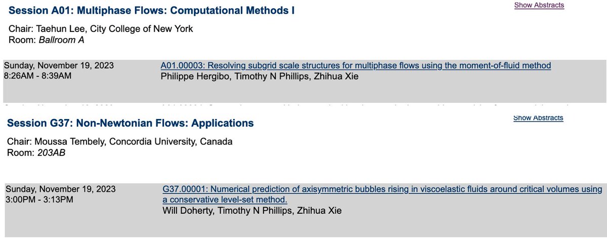 Our group will have a busy Sunday in #APSDFD2023 as both Phil and Will will give their first #APSDFD talk on adaptive moment-of-fluid method and viscoelastic fluid model for #multiphase flow and #CFD.
