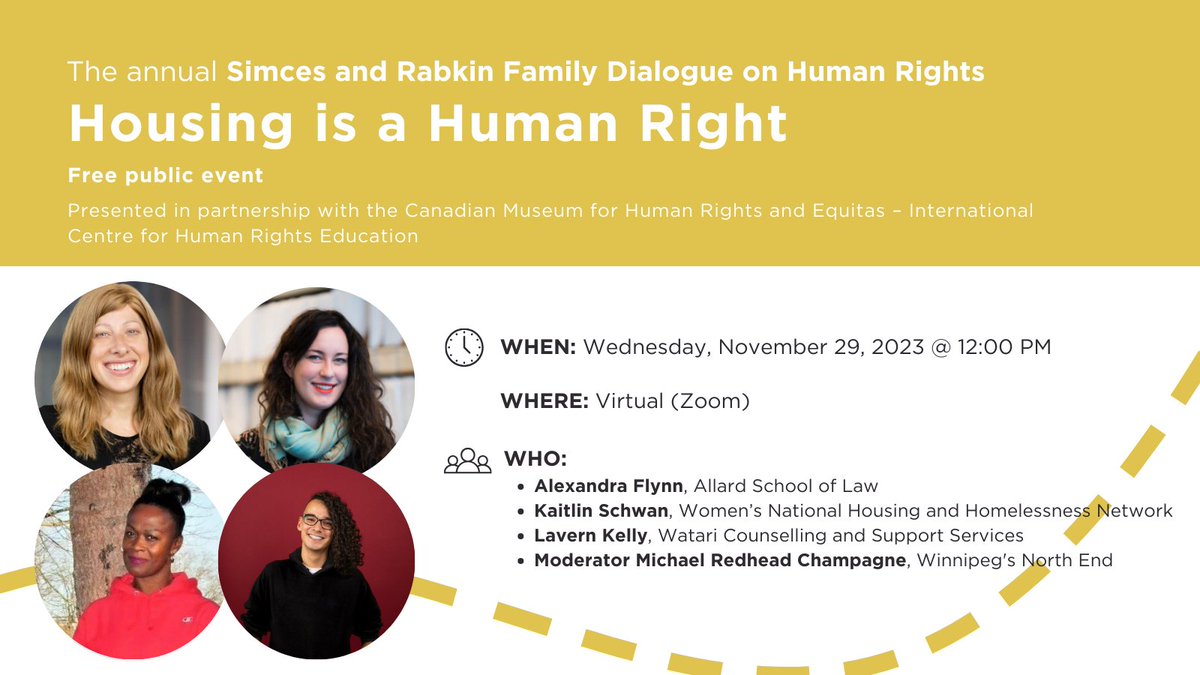 Join the discussion with community leaders who are breaking new ground to realize the legal right to housing in Canada. It will centre on how discrimination, insufficient supply, inadequate housing, affordability and homelessness intersect. 
<a href="/CMHR_News/">Canadian Museum for Human Rights</a> <a href="/KaitlinJSchwan/">Kaitlin Schwan</a> <a href="/northendmc/">Michael Redhead Champagne</a>