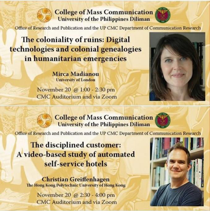 The @Official_UPD CMC Lectures of Prof. Mirca Madianou and Assoc. Prof. Christian Greiffenhagen will proceed as scheduled on Monday November 20. See you at the CMC Auditorium at 1:00 to 4:00 pm or via Zoom (up-edu.zoom.us/j/93686259721 Meeting ID: 936 8625 9721 Passcode: 36160310).