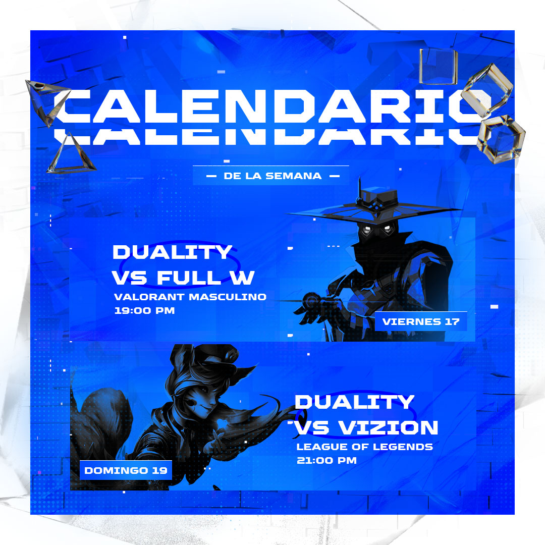 DualityEsports_'s tweet photo. Calendario Duality! 💙
Viernes 17 Noviembre
VS #FullW Semifinal LowerBracket
19:30 PM 🇲🇽 #Energy8
https://t.co/F39rsd1fC2
Domingo 19 Noviembre
VS @VZNOficial_ Fase de Grupos
21:00 PM 🇲🇽 #VizionLeague
https://t.co/DpviGDTtLu
Esperamos contar con su apoyo!
#FeelTheDuality https://t.co/uC5IbJGJWZ