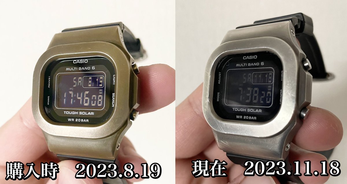 ru48bq7aG7wP4sn's tweet photo. 愛用しているカスタムG-SHOCKの「DAMUE」

購入してから毎日欠かさず付けていて、約３ヶ月が経ちました。小傷や黒ずみが増えてきて、いい感じの風合いになってきました。

これからも経年劣化を楽しみたいと思います。

#damue https://t.co/KRZiNcv0CT
