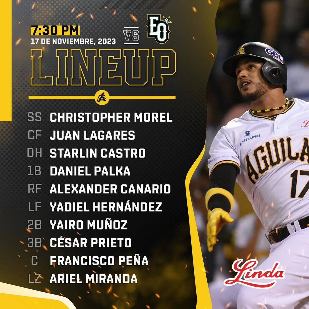 aguiluchos's tweet photo. #AguiPBP Alineación aguilucha para el partido de esta noche 17/11/2023 Estrellas vs Águilas en el Estadio Cibao #EOvsAC https://t.co/ZJ1BurFaeV