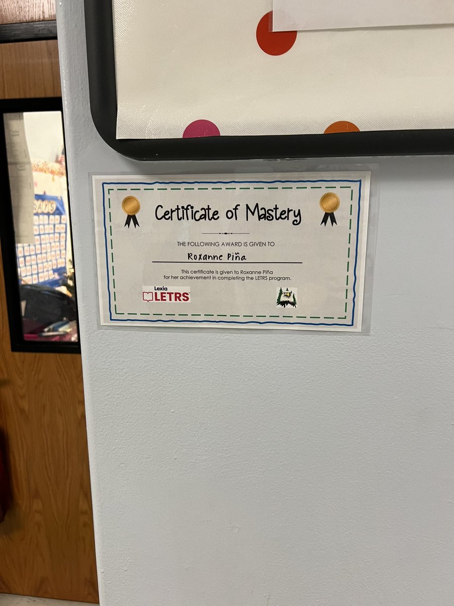 I love walking around the building and seeing these certificates outside the doors of the teachers who completed LETRS! @LexiaLearning @d_kinoshita1 @KCWilliamsFCS @RiverEves 🦅 📚