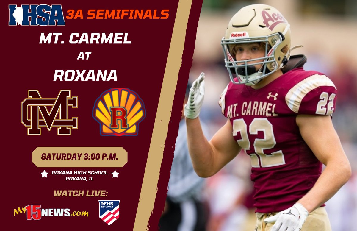 Let's do this!
🏈Mt. Carmel @ Roxana
🏆IHSA Class 3A Semifinals
📍Roxana High School
📅Saturday
⏰3 p.m.
🎙Scott Allen &amp; Kyle Peach
🖥nfhsnetwork.com/events/wabash-…
BACK UP (only if NFHS Broadcast Fails) youtube.com/@my15news
📺News Channel 15 - Monday 7 &amp; 11 p.m.