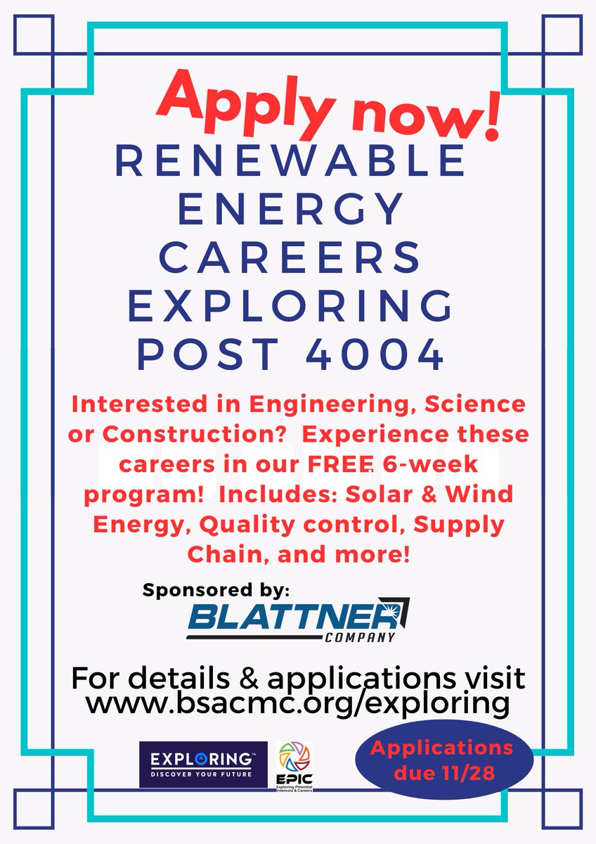 Register by 11/28 to reserve your spot in our Blattner Company Exploring Post.  This is a great opportunity for youth interested in Engineering, Science, and Construction careers!  For more information &amp; registration visit bsacmc.org/exploring

@BBBSofCentralMN <a href="/SCSUCareer/">SCSU Career Center</a>