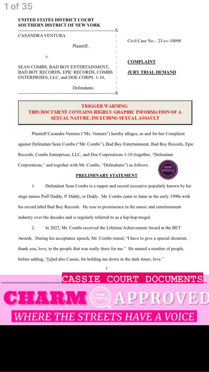 S0L0_CHARM's tweet photo. CASSIE DEF FILED AGAINST DIDDY AND BABY TIME TO GET YOU LOCCED IN AS WE HAVE THE COURT DOCUMENTS WHERE SHE LIST 35 PAGES WORTH OF
TRAUMA SHE ENDURED https://t.co/XLHnQZBoJm
