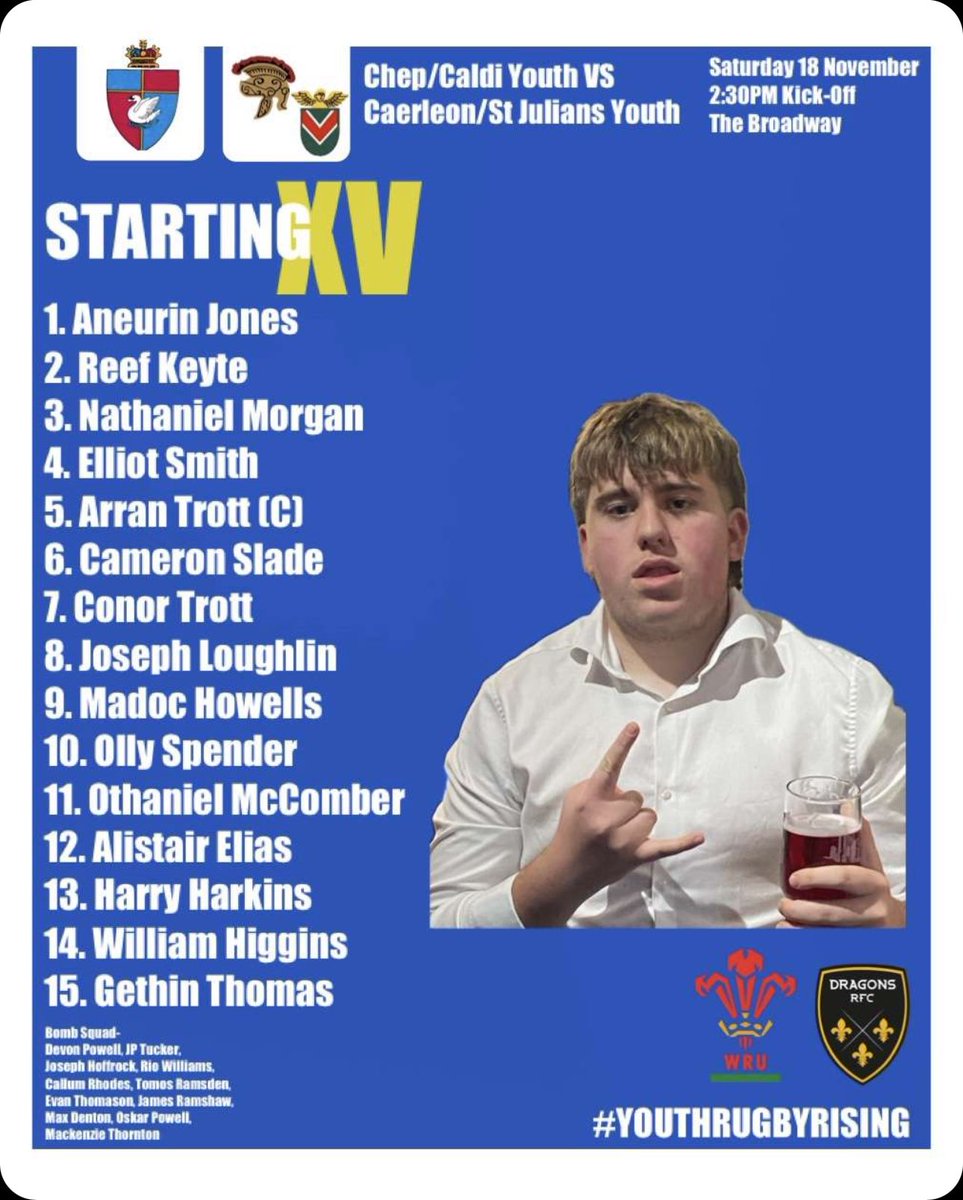 Starting XV 

CHEPSTOW YOUTH VS CAERLEON/ ST JULIANS 

<a href="/CHEPSTOWRFC/">CHEPSTOW RUGBY CLUB</a> <a href="/CaldicotRFC/">Caldicot Rugby</a>