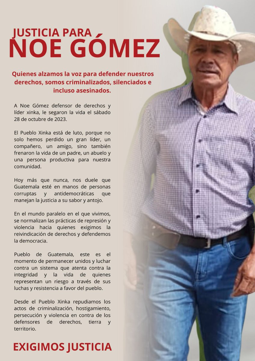 PAPXIGUA's tweet photo. #JusticiaparaNoe 
Desde el Pueblo Xinka repudiamos los actos de criminalización, hostigamiento, persecución y violencia en contra de los defensores de derechos, tierra y territorio. 

Exigimos justicia para esclarecer el asesinato de Noe Gómez

#SomosPapxigua #SoyXinka https://t.co/jsZZzAl6f3