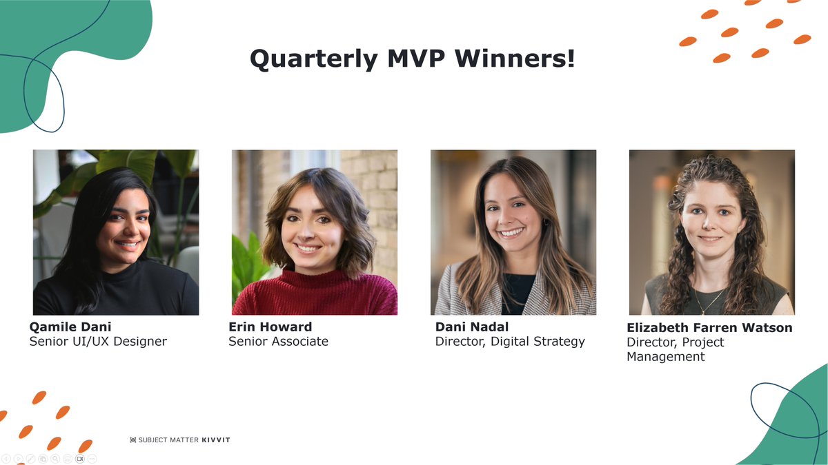 SubjectTeam's tweet photo. For our Quarterly MVP Awards, we select four stellar colleagues who demonstrate excellence, positive attitude, and good character. Simply put, these awards are meant to recognize employees who stand out for all the right reasons. Congrats to all who earned this recognition! https://t.co/4prnZP4cVT