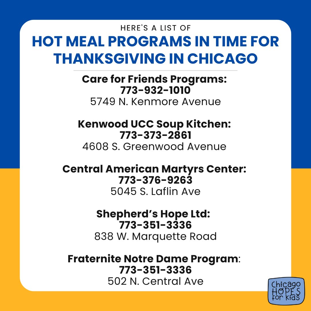 Grateful hearts gather in the Windy City! 🍂✨ This Thanksgiving, join us in spreading warmth and joy. We have curated a list of hot meal programs. We encourage you to share with your networks. Together, let's make this holiday a feast of compassion! 🦃❤️ #HOPES #CommunityLove