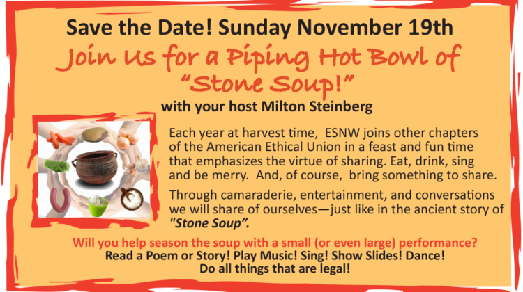 With autumn in full swing, join the ESNW on 11/19, 11am ET for their annual Stone Soup program! Each year, they celebrate the famous folk story Stone Soup with delicious food, entertainment and good conversations. Email esnwsec@gmail.com to learn more.