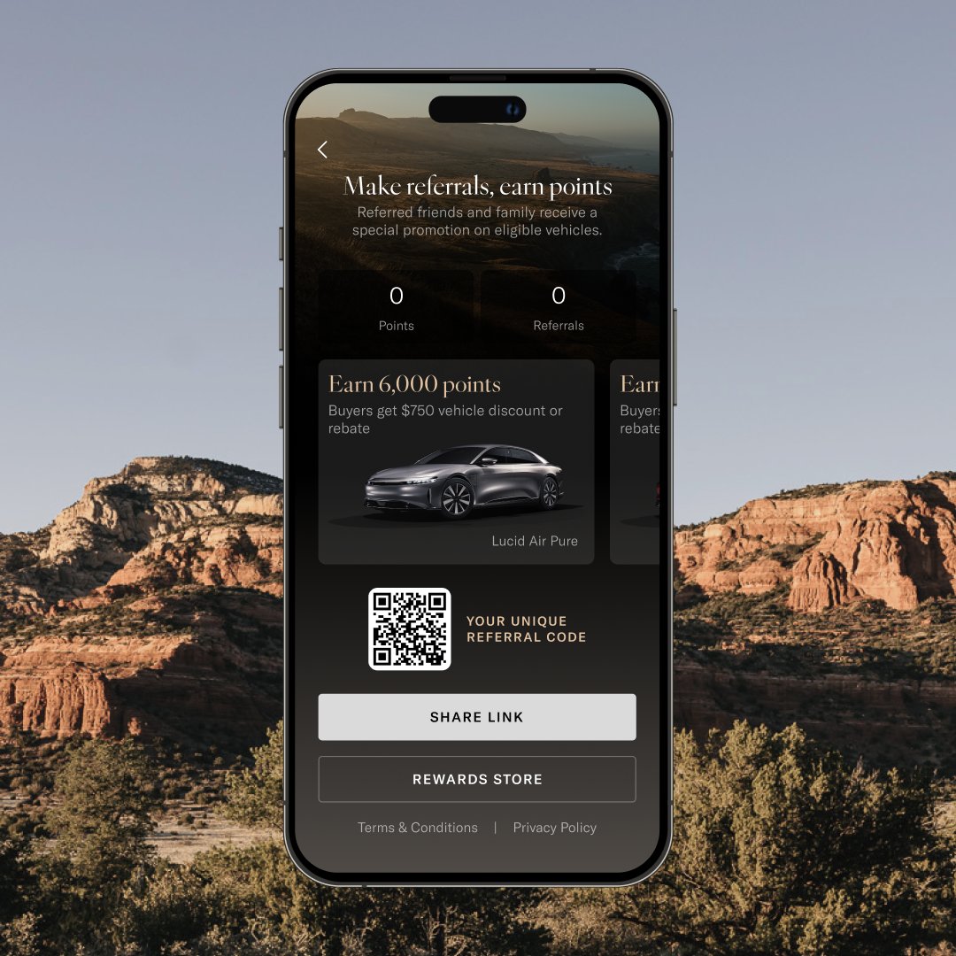 Referrals. Refined. 

Owners of the #LucidAir can now refer new customers right from their phones using their Lucid app. Exclusive products and Lucid experiences are now just a tap away. bit.ly/3Q9VWw3
