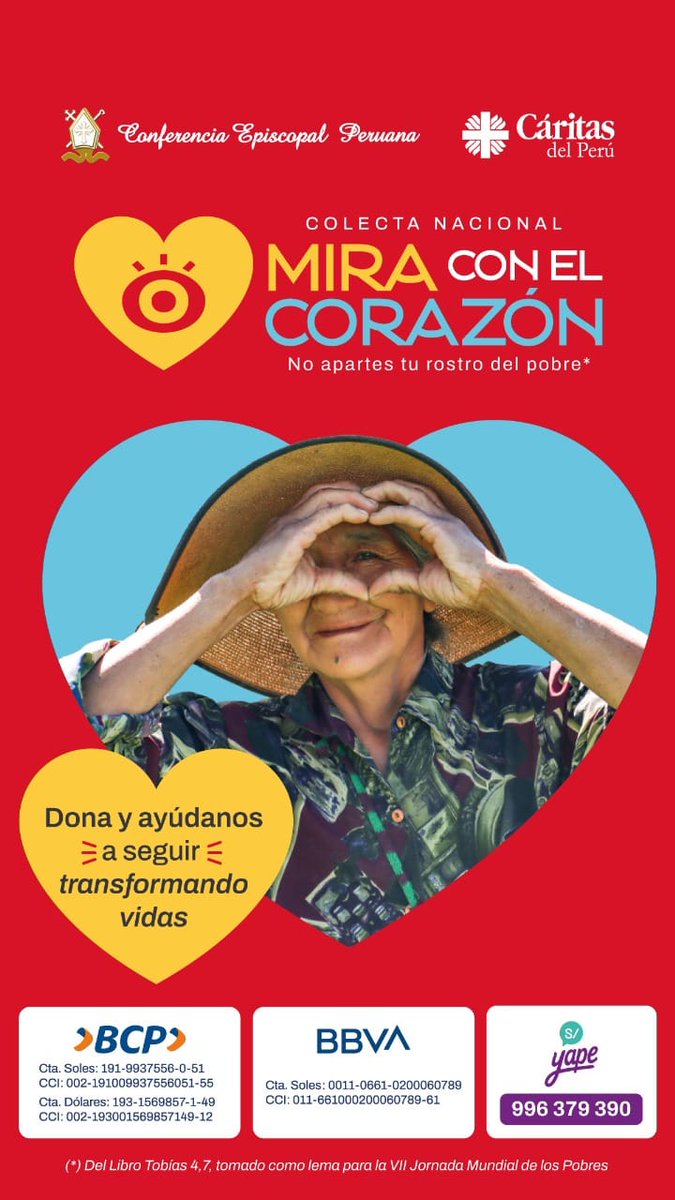 ¡Mira con el corazón!📷📷
Hacemos un llamado a la solidaridad nacional para unirse a esta colecta, impulsada por la Conferencia Episcopal Peruana y Cáritas del Perú, y ser parte de este noble esfuerzo. 
Dona y ayúdanos a seguir transformando vidas.
<a href="/CaritasdelPeru/">Cáritas del Perú</a> <a href="/conf_episcopal/">Conferencia Episcopal Peruana</a>