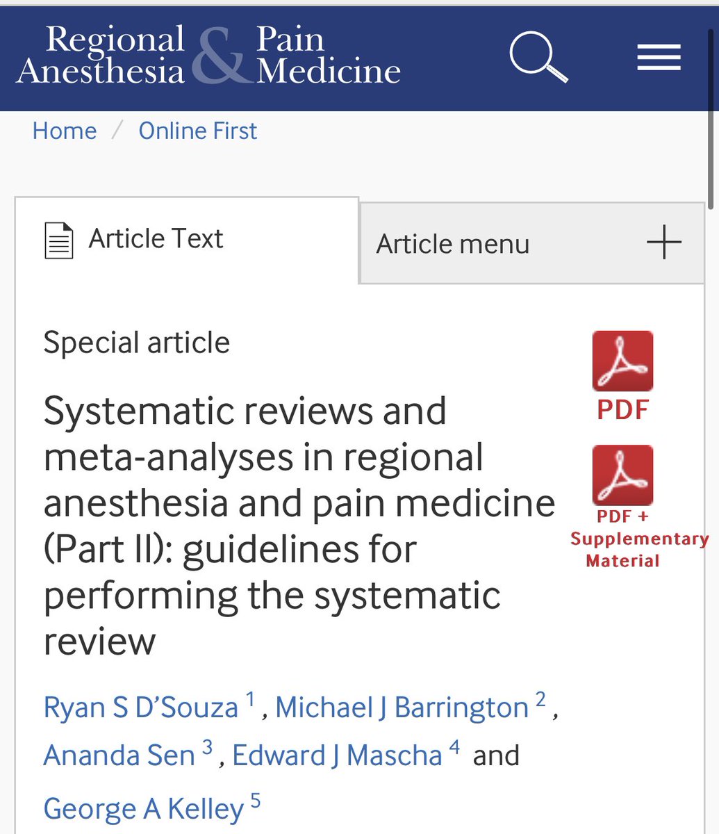 📝 Part 2 helps authors navigate the intricate process of writing a systematic review/meta-analysis. 📘 Link to Part 2 @RAPMOnline: rapm.bmj.com/content/early/… Link to Part 2 @IARS_Journals: journals.lww.com/anesthesia-ana… @sites_brian @ASRA_Society @nasir418 @JayKarriMD @MayoAnesthesia