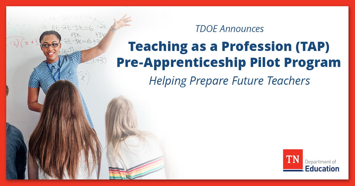 Today, we're excited to announce a new Teaching as a Profession (TAP) state-certified pre-apprenticeship pilot program to provide high school students with hands on teaching experience in their local communities. Learn more:tn.gov/education/news…  #NAW2023 #ApprenticeshipTN