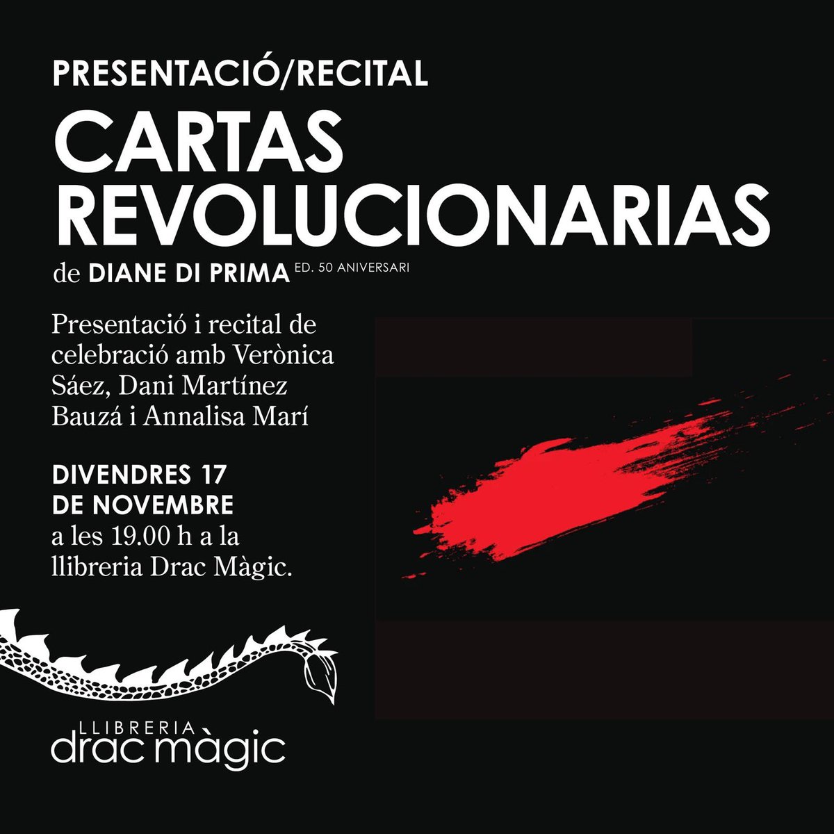jmvidalillanes's tweet photo. La presentació del més! Diane di Prima recupera la veu a @LlDracMagic amb @almaripeg i les «Cartas revolucionarias», una obra mestra poètica. https://t.co/vi8Q0SXo00