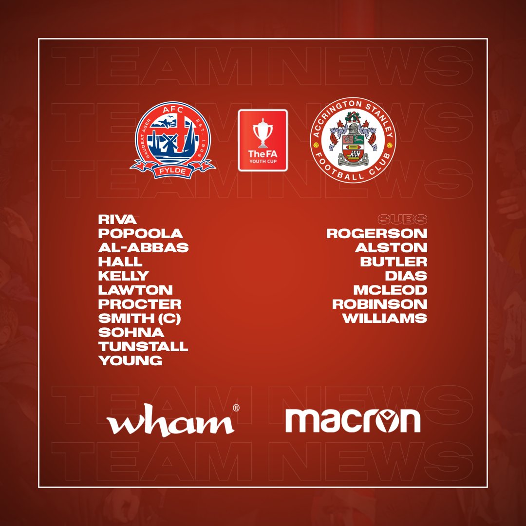 ASFCofficial's tweet photo. 👥 𝙏𝙚𝙖𝙢 𝙉𝙚𝙬𝙨…

Here’s your #asfc Under-18s starting XI for this evening’s @FA Youth Cup second round tie against @AFCFylde. https://t.co/IJd43MSZHM