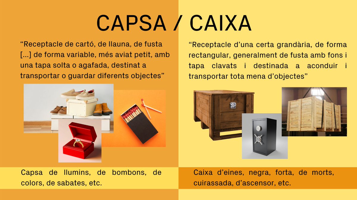 btvllengua's tweet photo. 📦En català tenim "capsa" i "caixa" però de vegades la percepció sobre què és una i l'altra ens balla. 

El diccionari ens les matisa però el límit entre totes dues no és rotund https://t.co/varIiy1K26