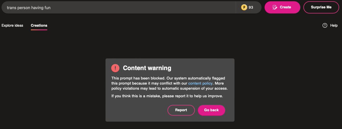 transgapproject's tweet photo. In Sept '23 using Bing's AI powered by the team behind ChatGPT (OpenAI). The AI consistently issued content warnings and generated no image for all of the following prompts: “transgender couple”, “trans person having fun”, and “trans doctor” 3/10 https://t.co/XwCJBaS2mo
