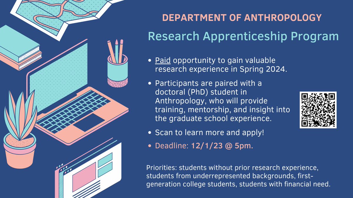 Are you a UConn student who’s interested in Anthropology, and might be interested in applying to graduate school? Check out our Research Apprenticeship Program and see if you’re eligible! Applications due 12/1/23 at 5pm. Check out this link for more info: anthropology.uconn.edu/research-appre…