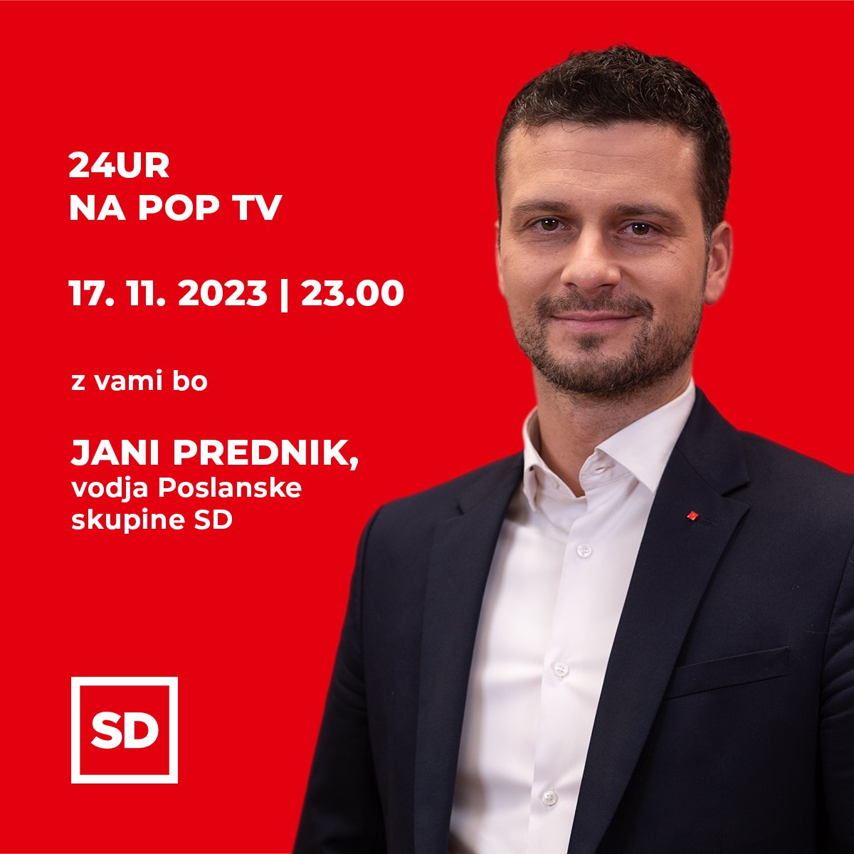 strankaSD's tweet photo. [NAPOVED] @janiprednik bo nocoj, 17. novembra, ob 23. uri gost v oddaji @24ur zvečer o aktualnem političnem dogajanju.

Vabljeni k spremljanju! https://t.co/bkOduCSHTv