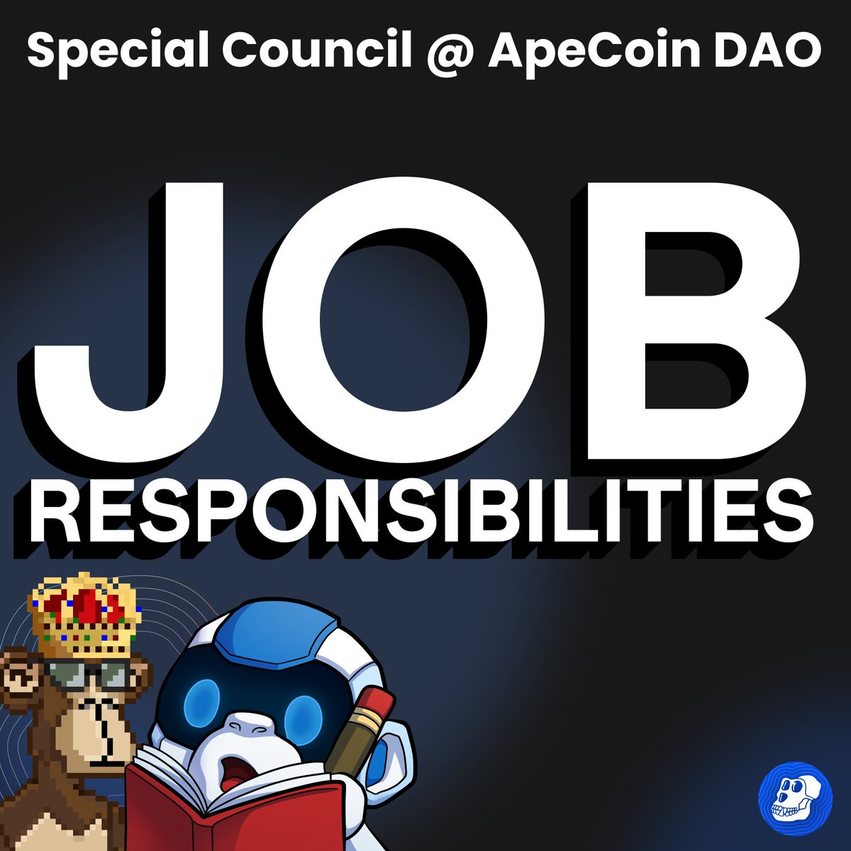 GM. It's @apecoin Election Szn and I'm stoked to take you on a thrill ride through the Job Responsibilities of Special Councils ('SC') in our DAO! 🧵 This thread is based on AIP-282 and Ape Foundation announcement. THREAD 🧵