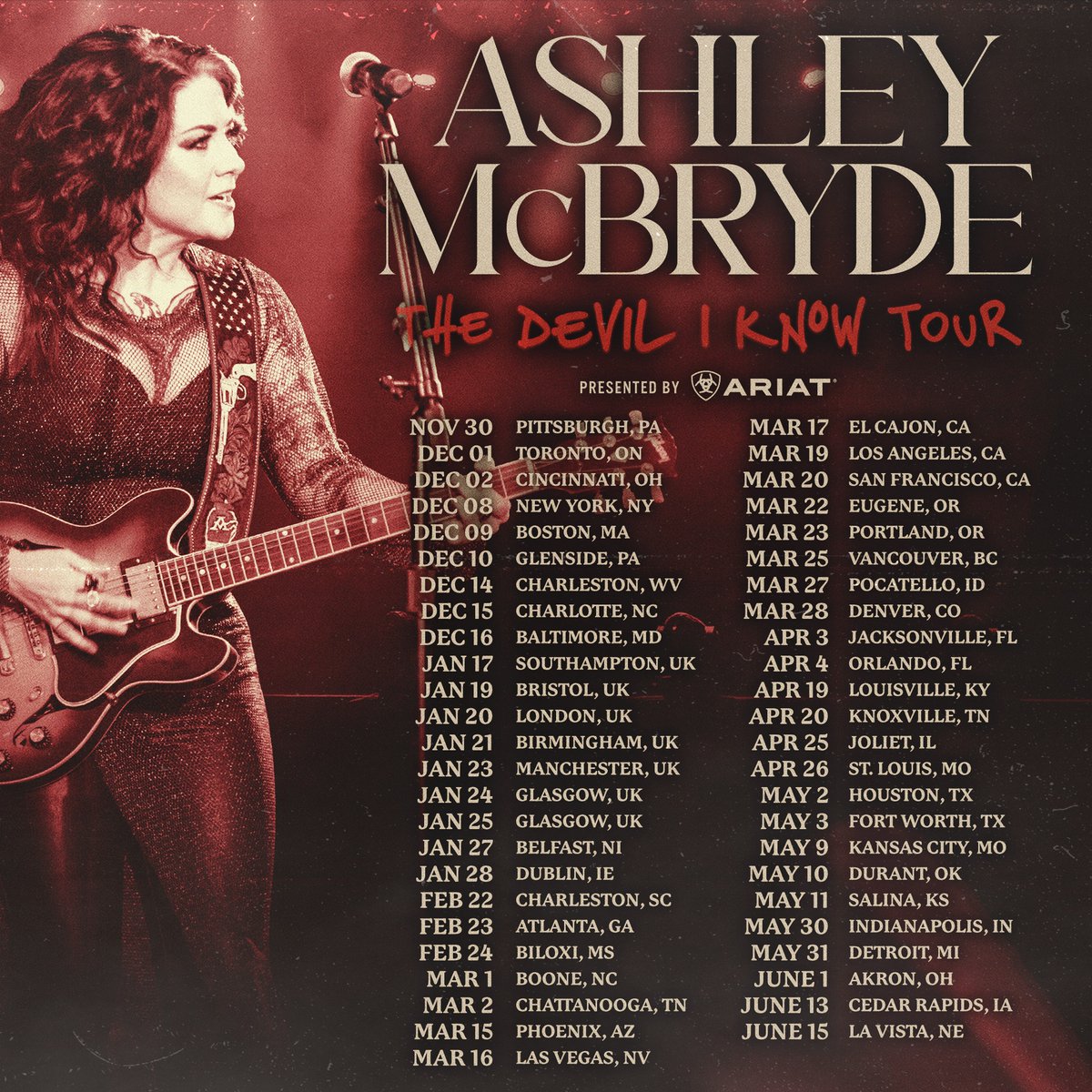 #TheDevilIKnowTour presented by @Ariat is going strong and rolling through a city near you! All dates are on sale now, so grab those tickets and join us for a an incredible show that we are so excited to share. We can't wait to see you.
ashleymcbryde.com/tour