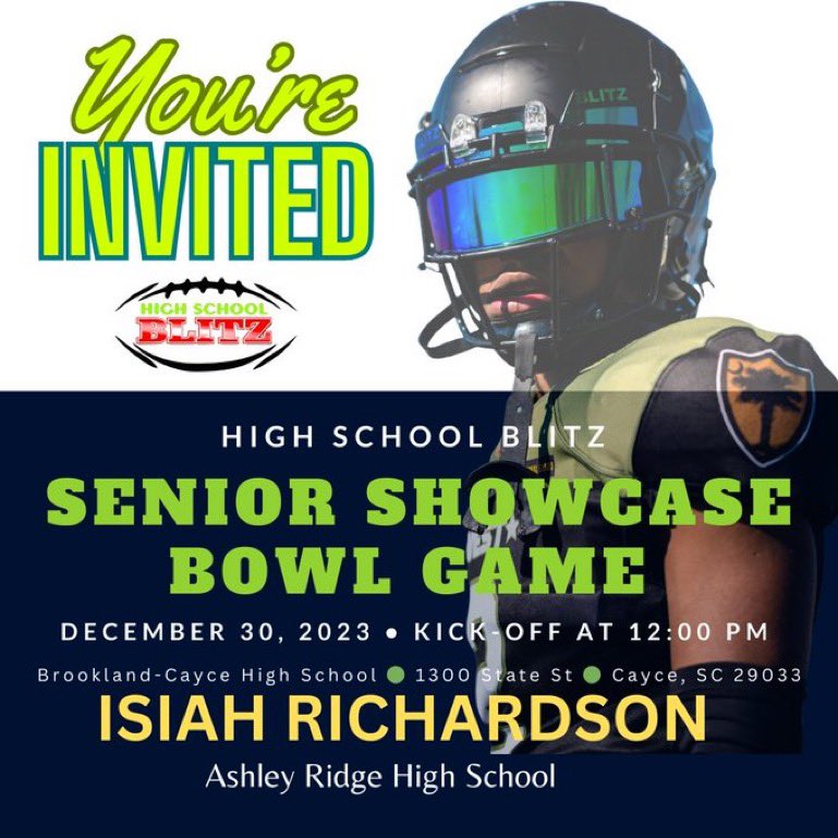 #AGTG Blessed to receive and invite to the <a href="/HighSchoolBlitz/">High School Blitz</a> Senior Showcase Bowl!! <a href="/TatejCoach/">Coach Jeff Tate</a> <a href="/SwampFoxesFB/">Ashley Ridge Football</a>