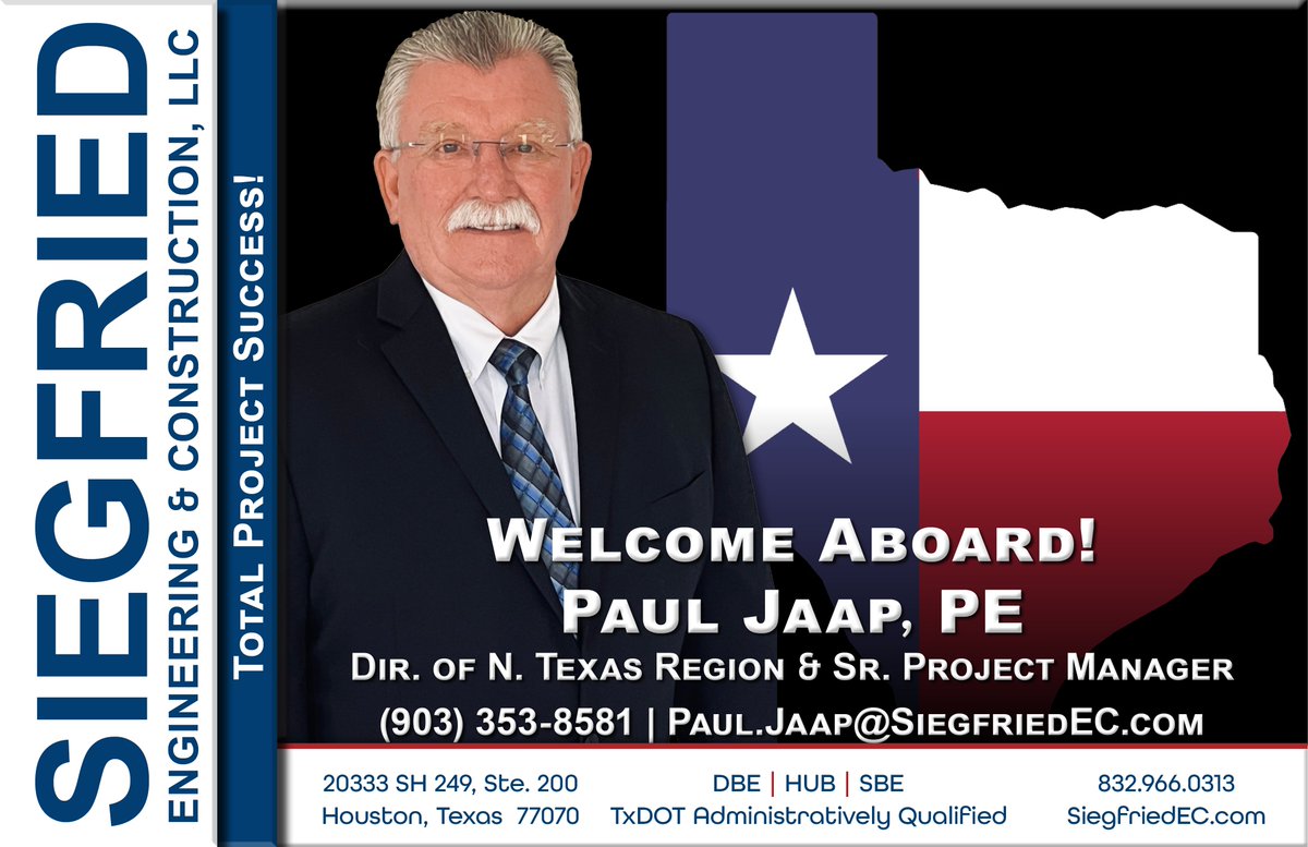Siegfried_EC's tweet photo. Please join #SiegfriedEngineering & Construction as we welcome our new Director of the north Texas region & Senior Project Manager, Paul Jaap, PE. Paul brings 42 years’ experience in utilities, road, and bridge engineering & CEI. We look forward to his #TotalProjectSuccess. https://t.co/8KhKuC5W7n