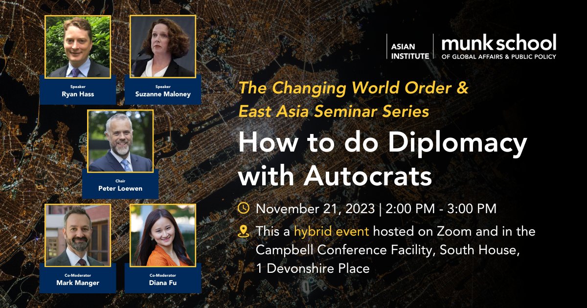 Join us next week ONLINE or IN-PERSON... Global democratic backsliding has divided the world into two camps: democracies and autocracies. Yet, diplomacy must go on in order to ensure global security. Register🔗uoft.me/diplomacy-auto…