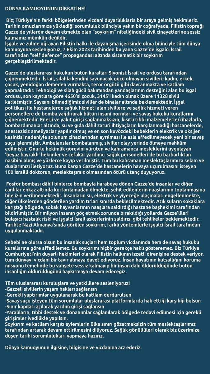 Türk hekimleri Filistin'in yanında!

2400 hekimin imzaladığı bildiri metni ⬇️
#doctorsstandwithpalestine