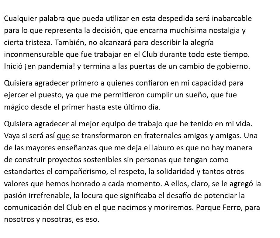 jmgrabia's tweet photo. Nunca tuiteé. Siempre fui lector en esta noble aldea. Entiendo que esta vez amerita hacerlo. 

Después de disfrutar los mejores tres años de mi vida, hoy elijo renunciar al cargo de Coordinador de la Prensa y la Comunicación Digital de @FerroOficial 

Gracias para toda la vida 💚 https://t.co/oqE6Djr3FR