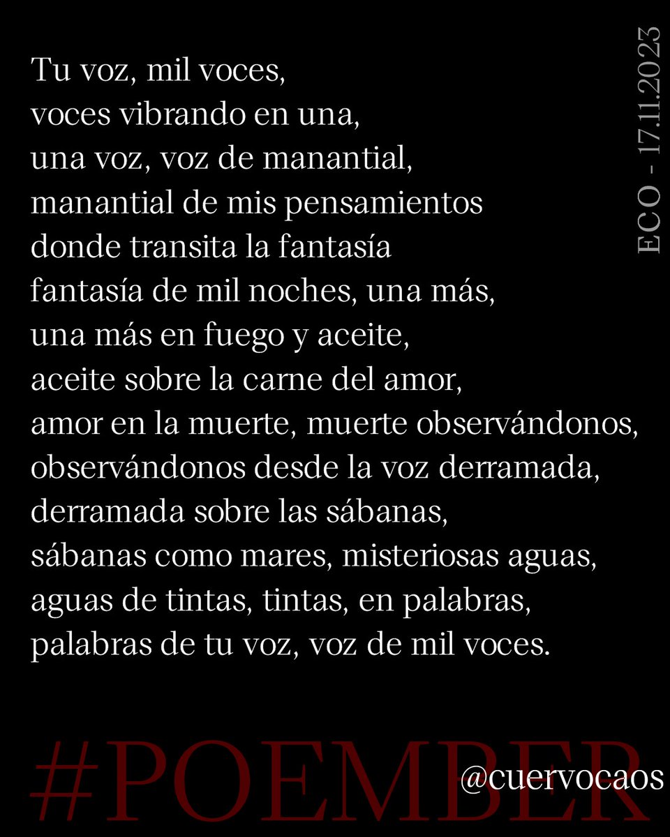 cuervocaos's tweet photo. ECOS - 17.11.2023
#Poember #Poesía #Poema #Poetry #Poem #Poésie #Jueverotic #Psicosisred #Panicosiniestro #EróticoAquelarre #EroTuits #PoesíaArcana
POEMBER, ¿cómo participar? Aquí el link para ello:
https://t.co/k7ODuYrzf8 https://t.co/Gc6ogbOIST