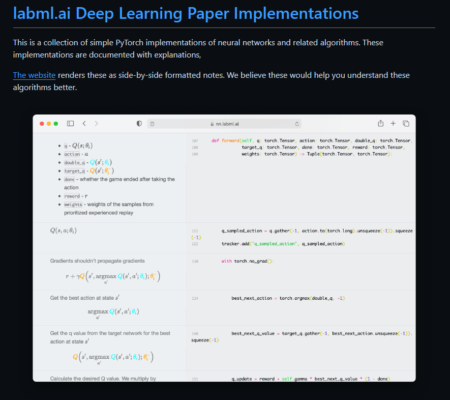👉 Deep Learning Paper Implementations

A collection of simple PyTorch implementations of neural networks and related algorithms, documented with explanations and side-by-side notes.

🔗 github.com/labmlai/annota…