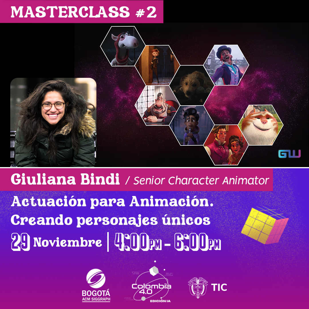 Masterclass #2, Giuliana Bindi, animadora Colombiana Senior de personajes que trabaja para Animal Logic y quién ha trabajado en proyectos para Disney+, Marvel y Netflix te enseñará diferentes maneras de construir personajes específicos, únicos y memorables para animación.